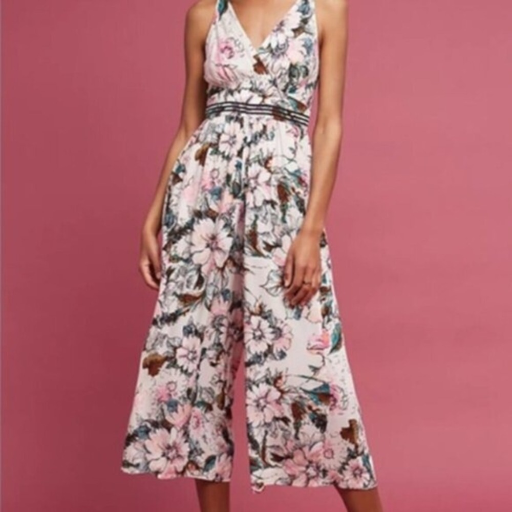 Plenty Tracy‎ Reese Gwyneth Jumpsuit Womens 4 Pink Floral Babydoll Crop Wide Leg
